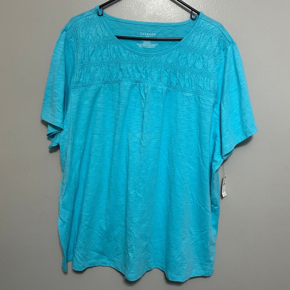 Talbots Blouse 3X Blue NEW Smocked Yoke Short Sleeve Cotton Modal Bright Coastal